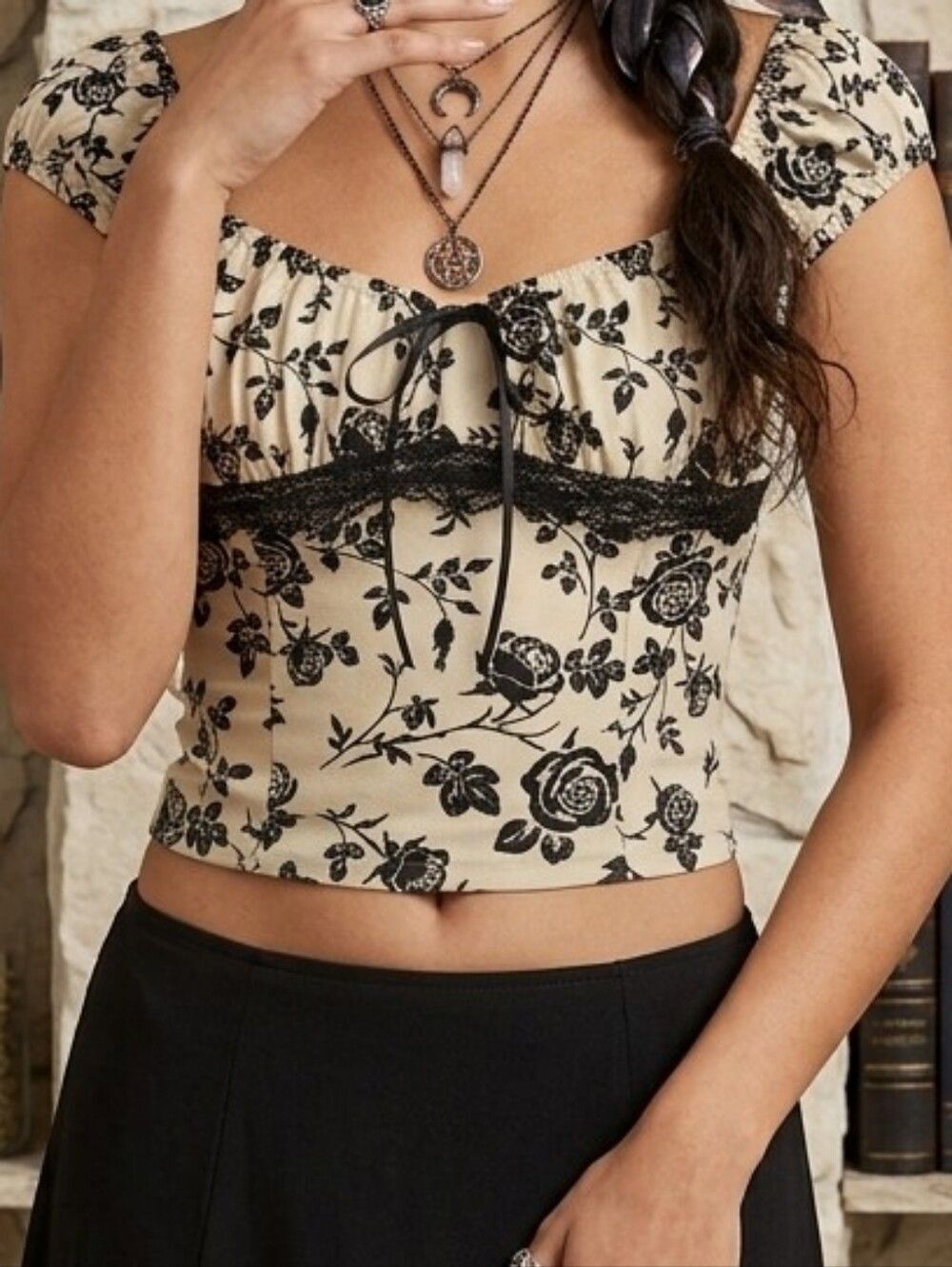 Mixed Threads tan black whimsygoth babydoll cap sleeve witchy crop size small